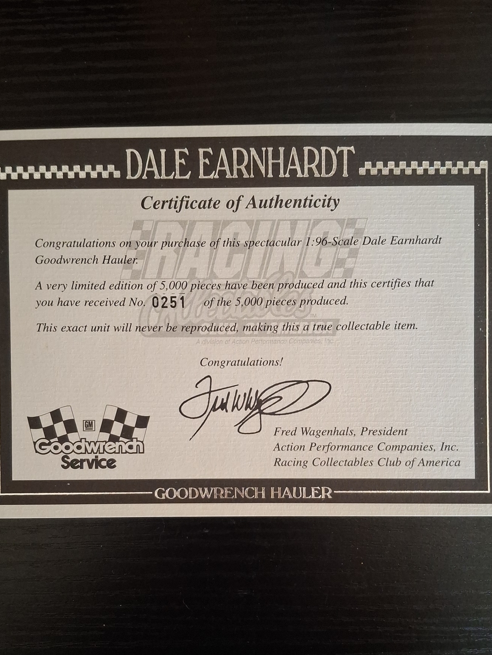 Dale Earnhardt Goodwrench Hauler Certificate - Black With Hauler